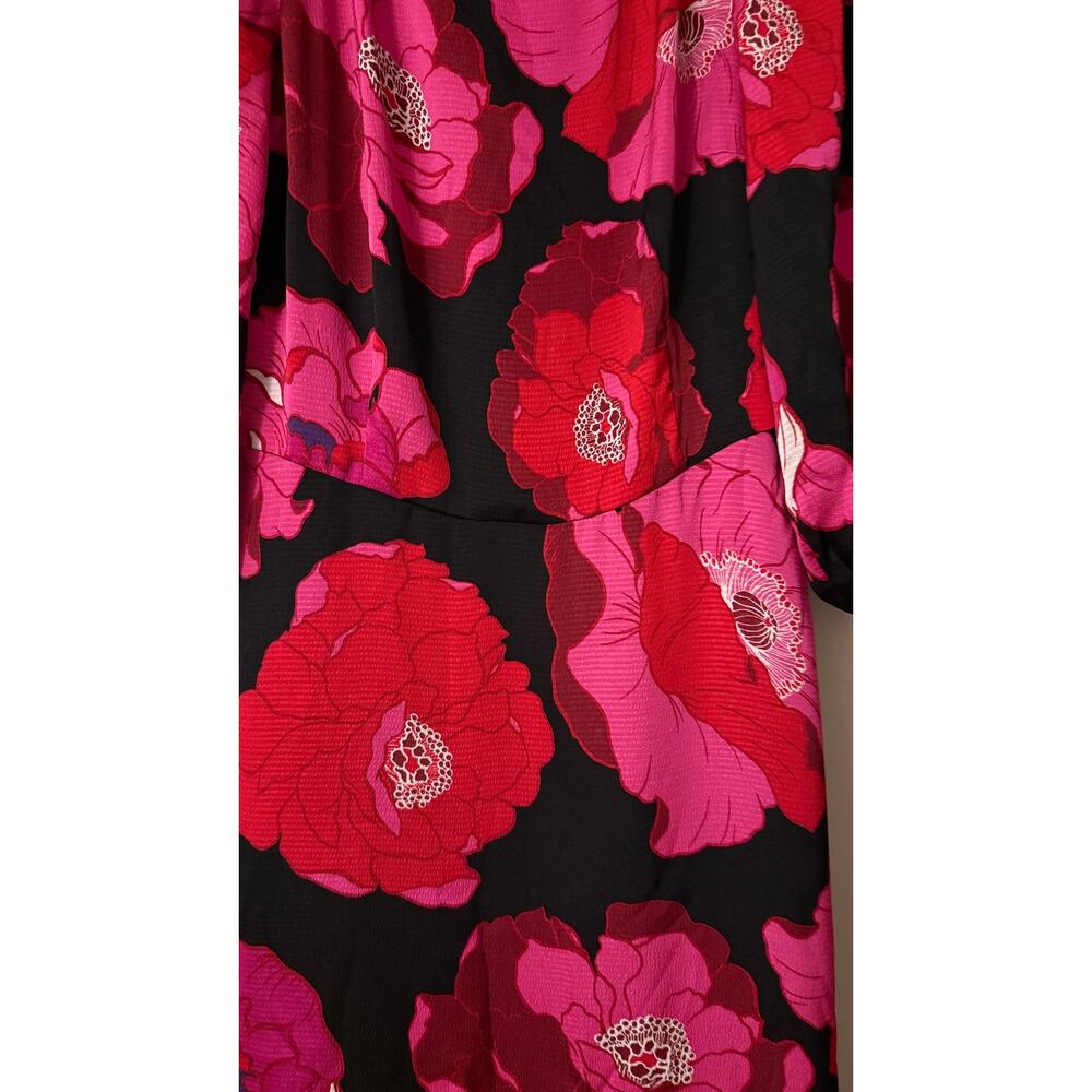Talbots Black Pink Red Floral Midi Dress Balloon Sleeve Zip Back Size 6 Feminine - Picture 6 of 8